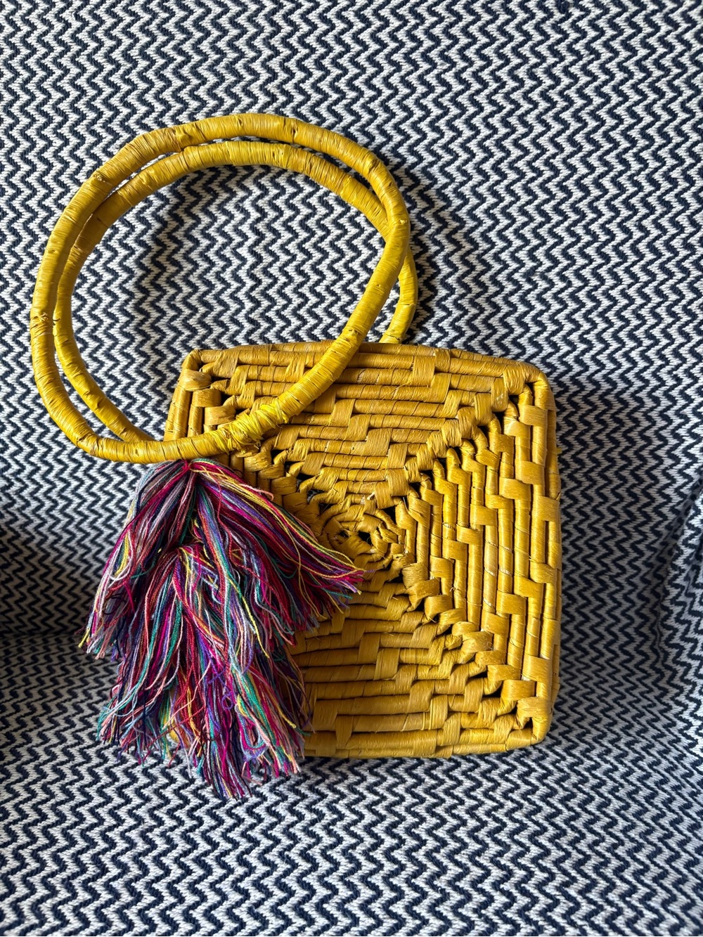 Nannacay Yellow Handwoven Small Straw Bag with Multicolor Tassel